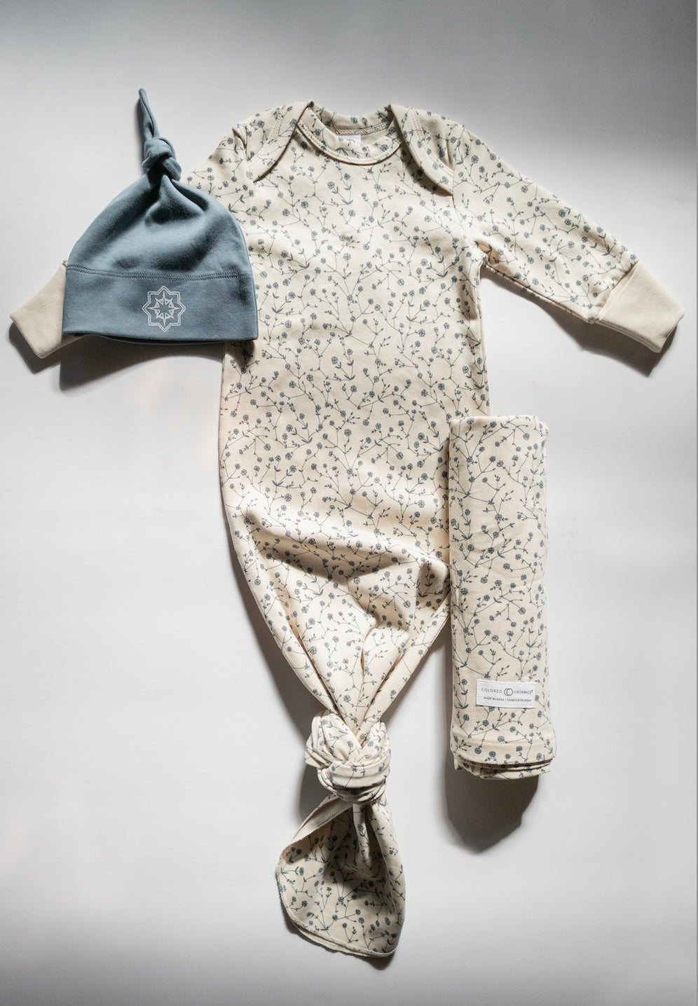 Floral Blue Organic Sleeper, Hat, and Swaddle Set